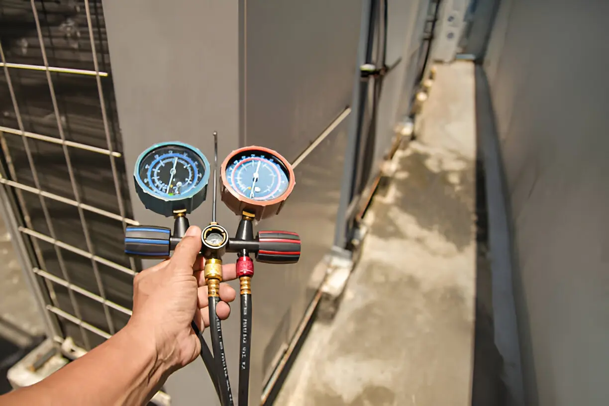 HVAC specialist fixing a wall-mounted AC unit in a Los Angeles residence